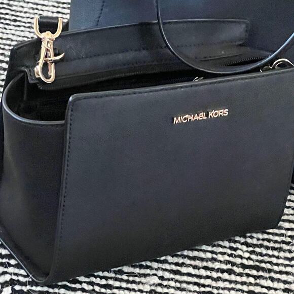 Michael Kors Selma Mini Saffiano Leather Crossbody Black and Gold - Picture 8 of 8